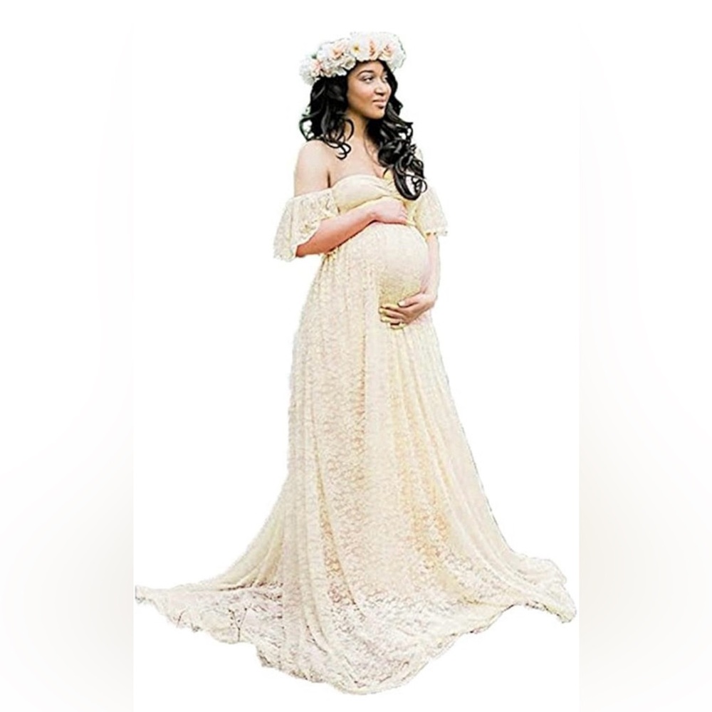 Maternity Off Shoulder Ruffle Sleeve Lace Gown, Small